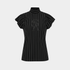 A black short-sleeve mock neck top with thin white vertical pinstripes and a tonal embroidered &