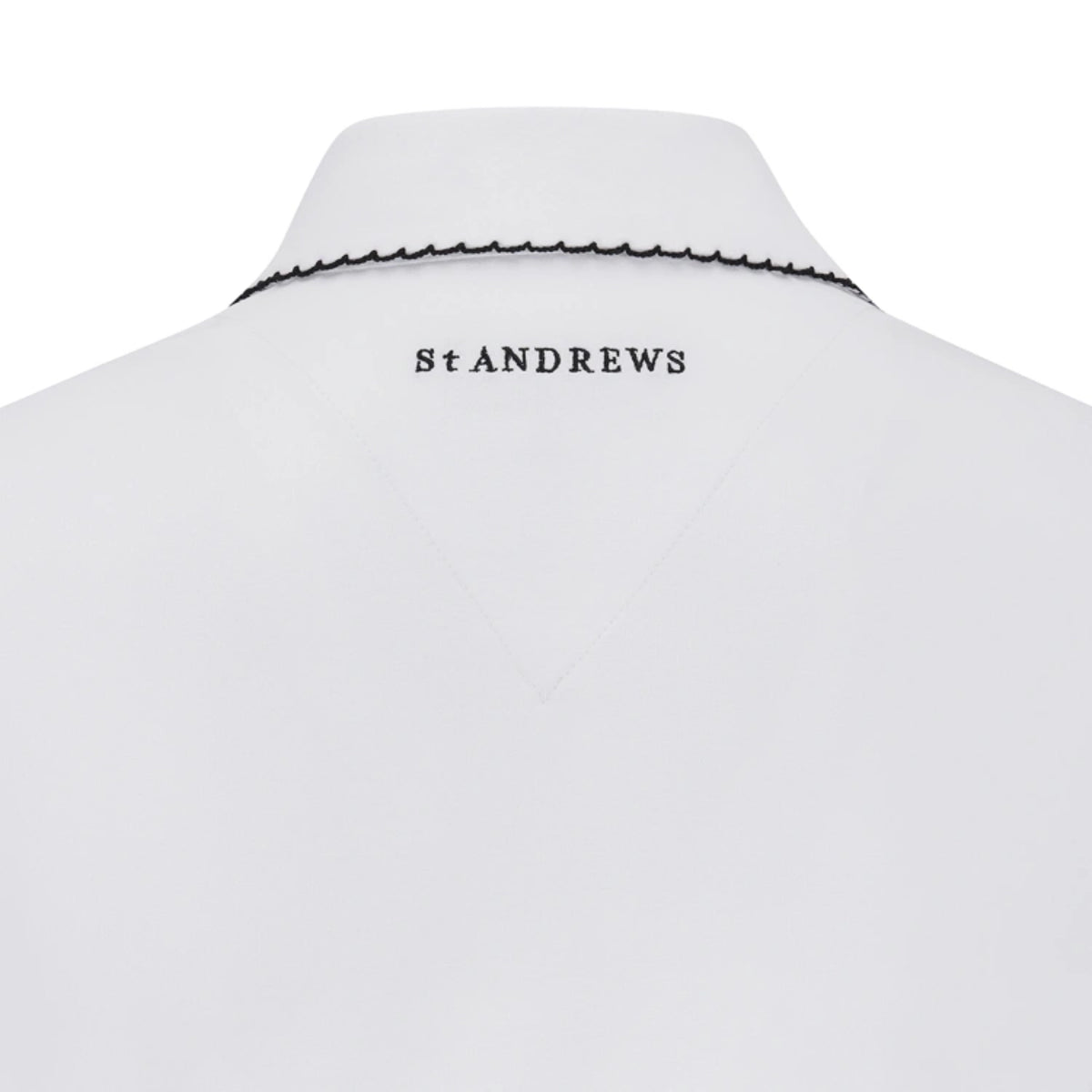 A close-up of the back of a white St Andrews dress form or mannequin, showing a thin black scalloped necklace and the black printed text 'St ANDREWS' centered below the neck.
