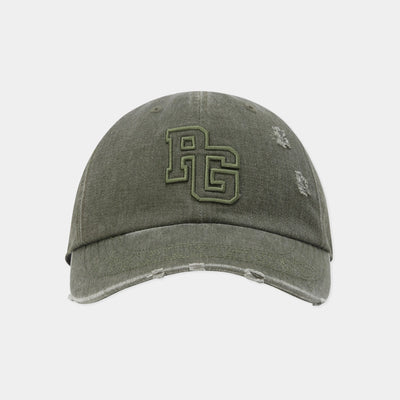 An olive green distressed baseball cap featuring an embroidered 'RG' monogram logo on the front, set against a plain light gray background.