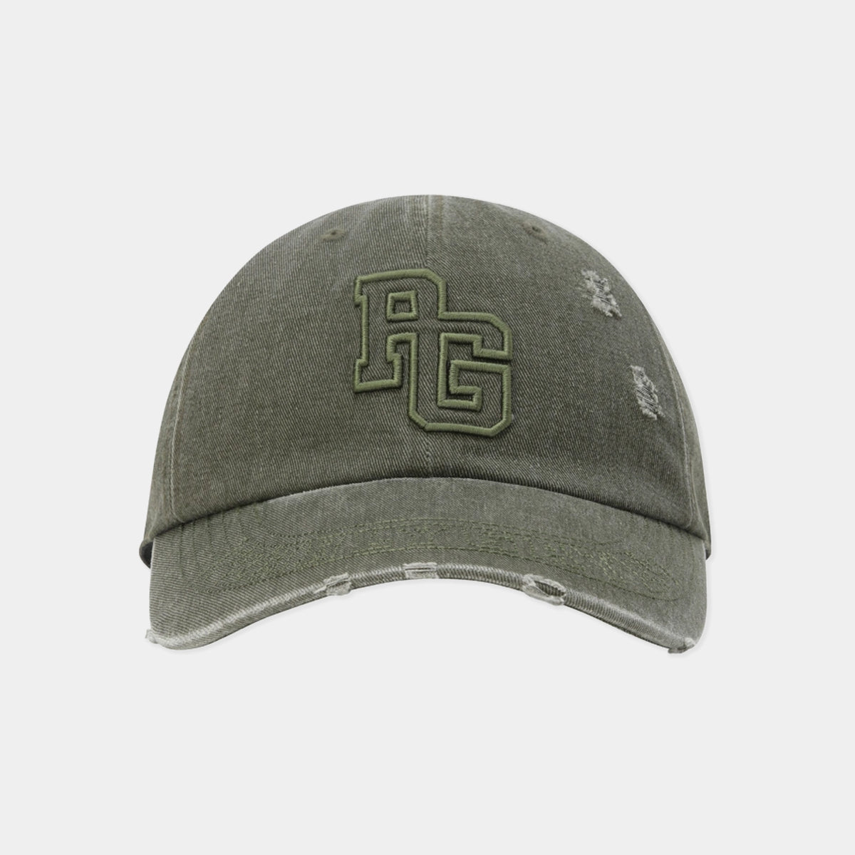 An olive green distressed baseball cap featuring an embroidered 'RG' monogram logo on the front, set against a plain light gray background.
