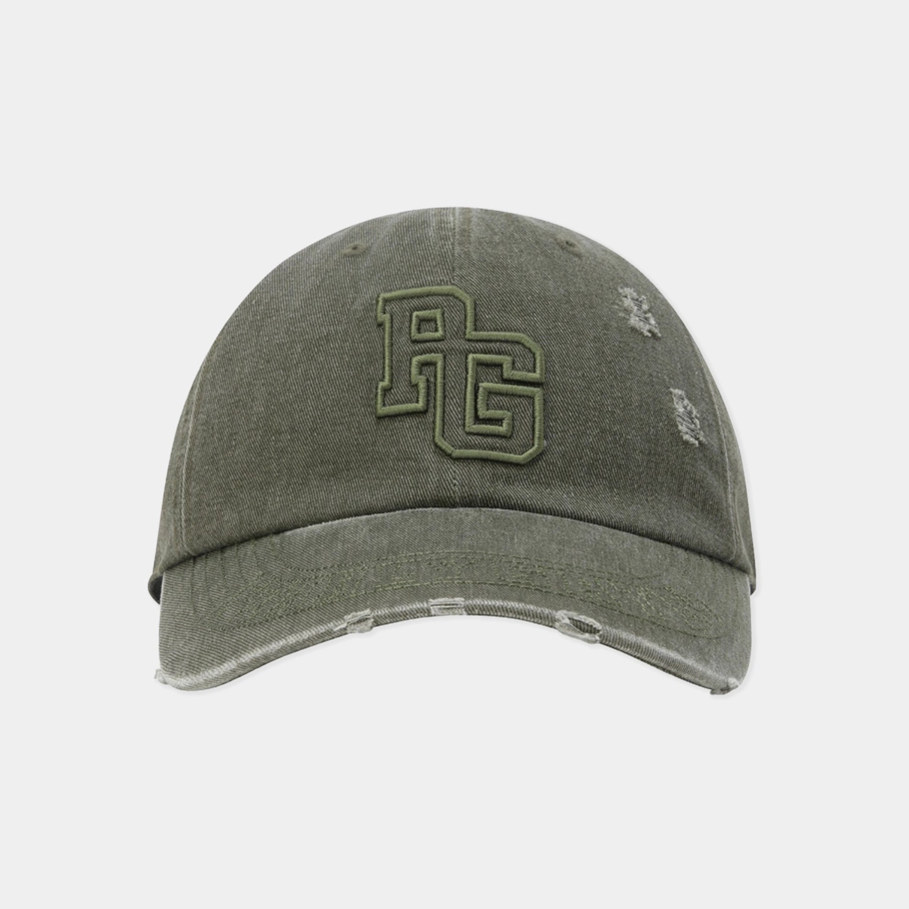 An olive green distressed baseball cap featuring an embroidered 'RG' monogram logo on the front, set against a plain light gray background.