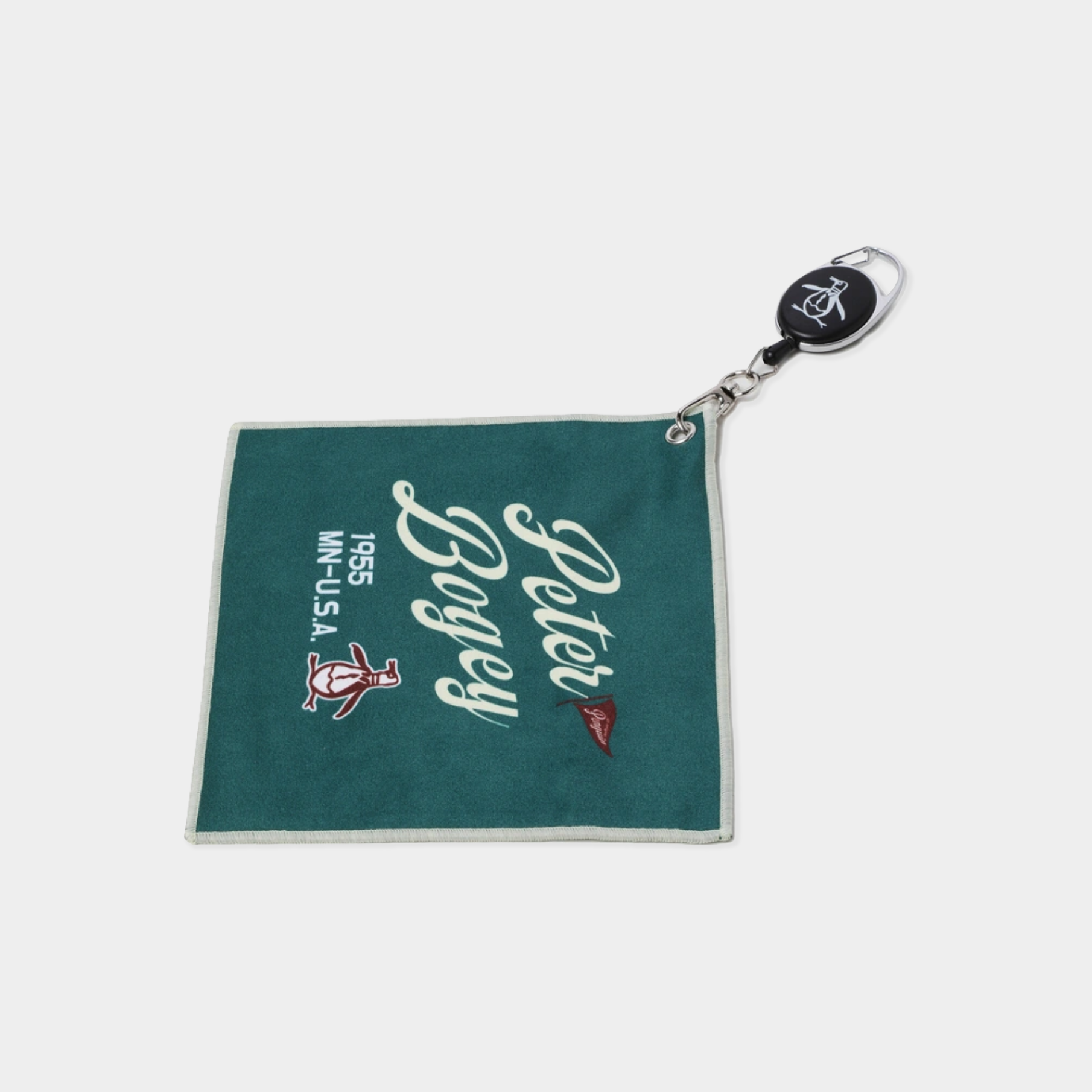 A square dark teal golf towel featuring an embroidered white script reading 'Peter Bogey', '1955', 'MN-U.S.A'.