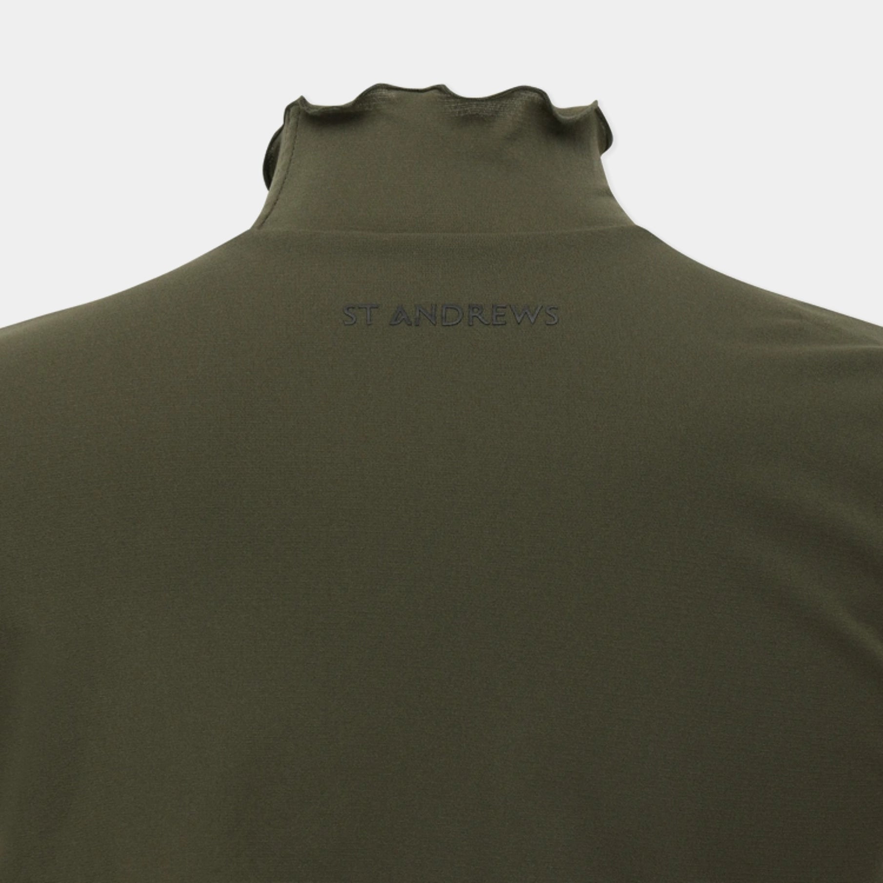 Close-up back view of a dark olive green high-neck pullover top with 'ST ANDREWS' embroidered in dark gray on the upper back, set against a light gray background.