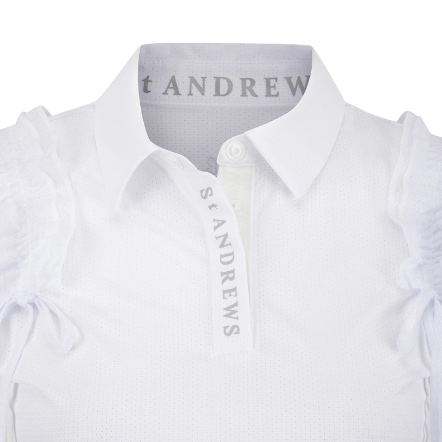 White short-sleeve collared shirt with ruffled sleeves and a button placket, shown on a white background. The inner collar and placket display the St Andrews branding.