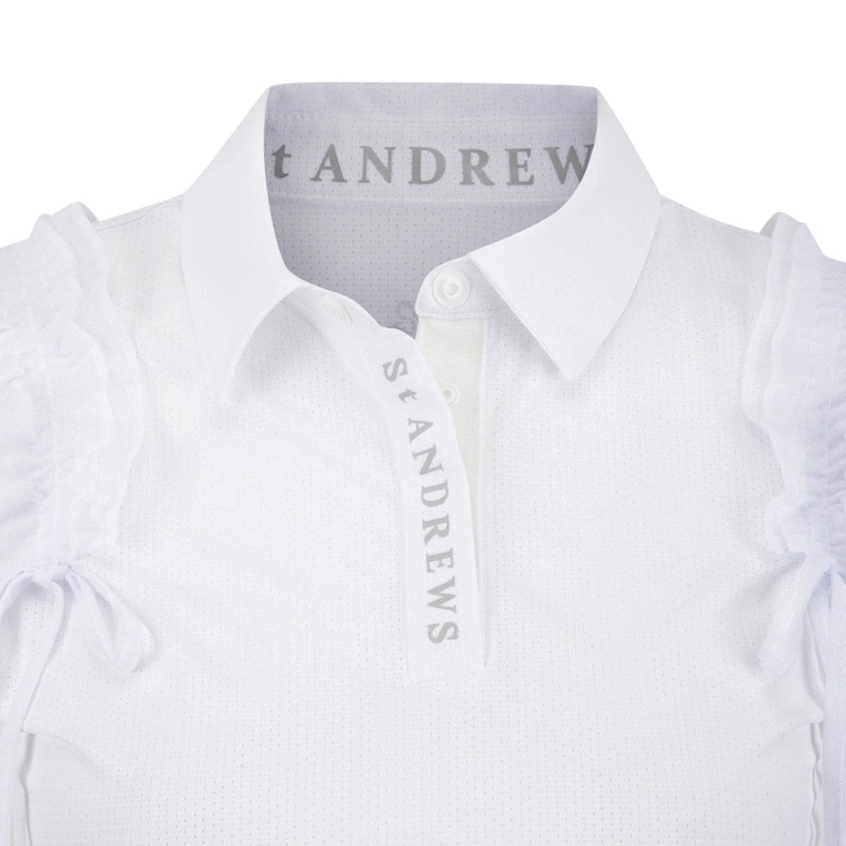White short-sleeve collared shirt with ruffled sleeves and a button placket, shown on a white background. The inner collar and placket display the St Andrews branding.