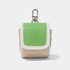 A small Lanvin Blanc key pouch featuring a light green leather front flap with an embossed logo, beige canvas sides, and white contrast stitching, complete with a silver metal key ring on a light gray background.