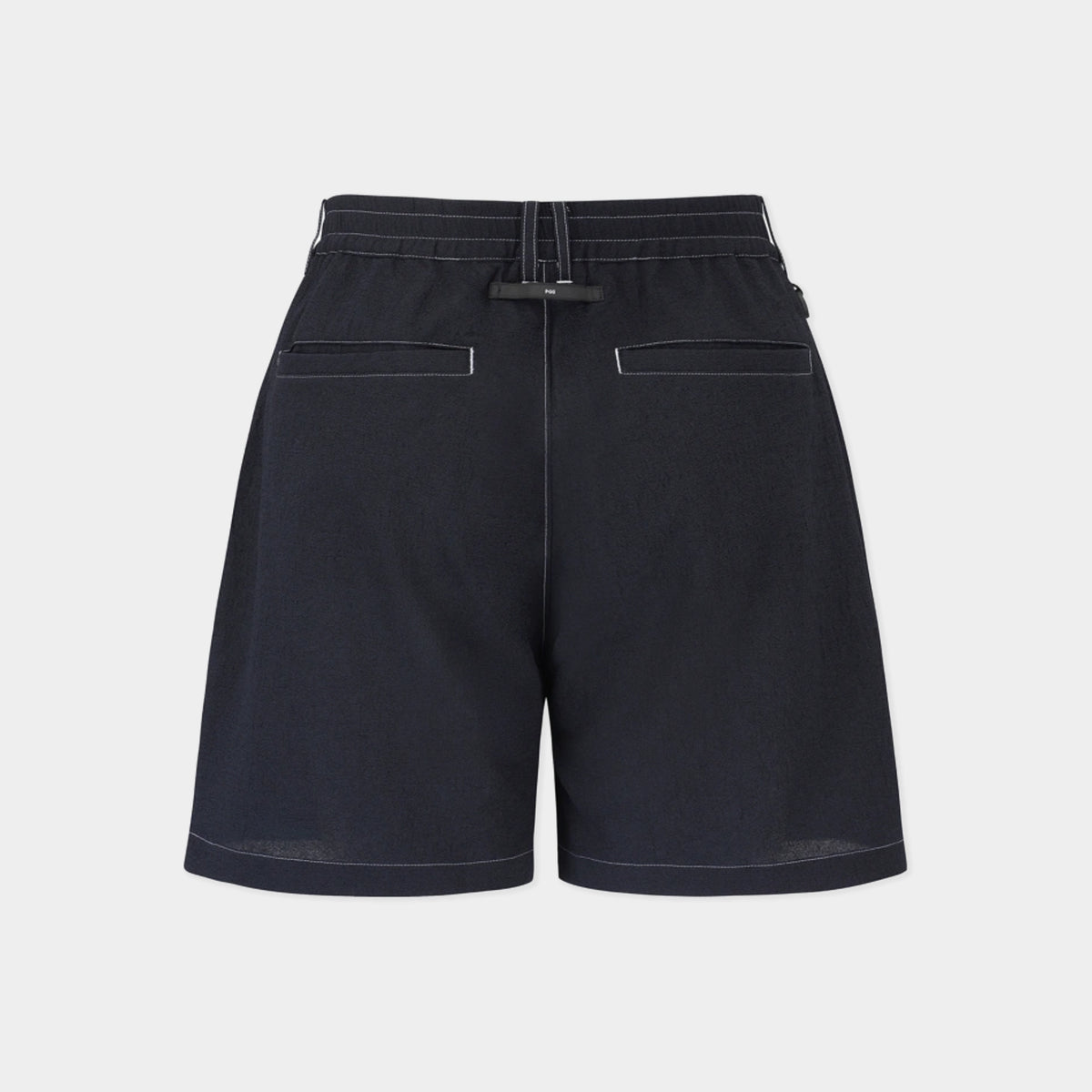 Dark navy blue denim shorts with white contrast stitching, featuring a drawstring waist and two welt pockets, shown from the back on a light gray background.