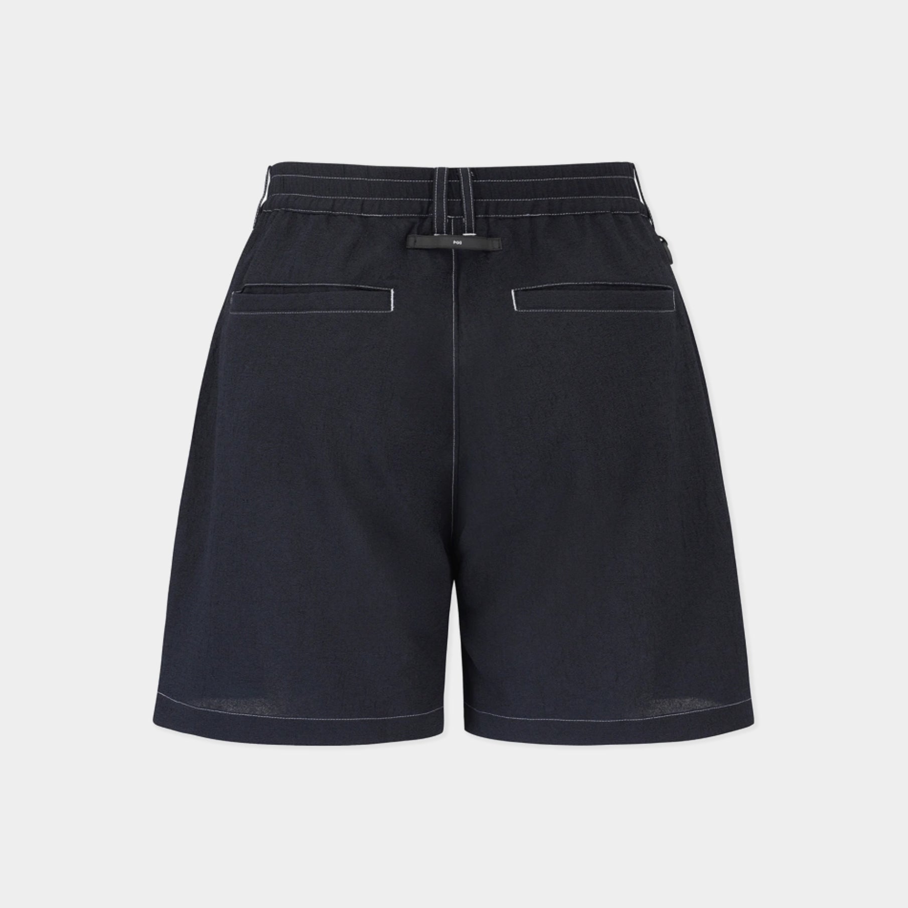 Dark navy blue denim shorts with white contrast stitching, featuring a drawstring waist and two welt pockets, shown from the back on a light gray background.