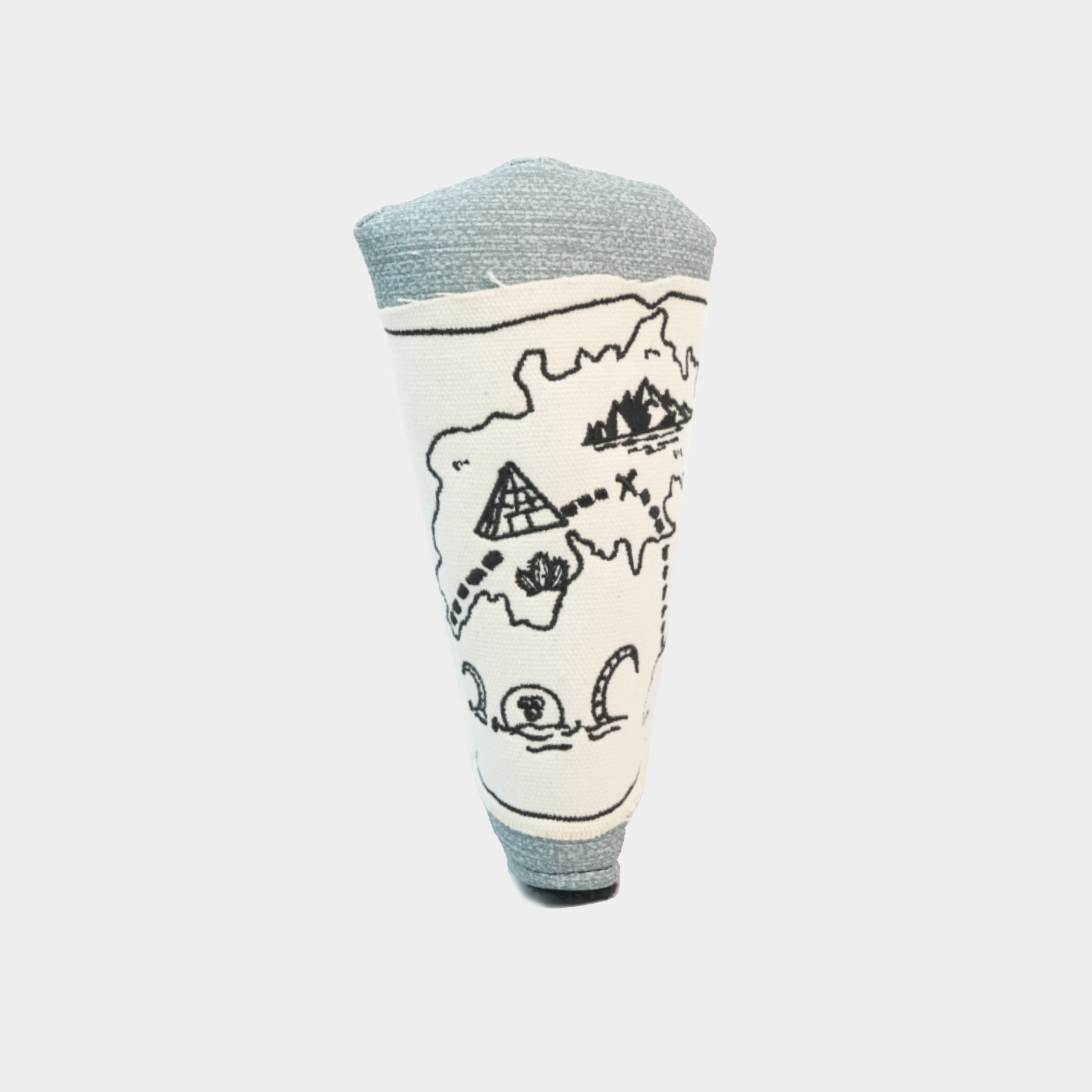 A golf club cover with a gray ribbed top and bottom, featuring a black hand-drawn map illustration with a pyramid, mountains, and other symbols.