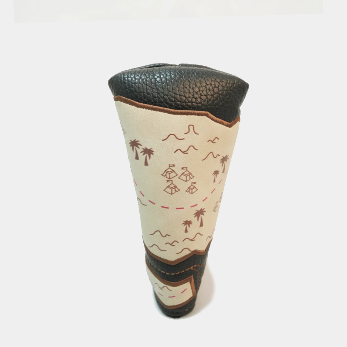 A golf club headcover with a cream-colored body featuring a brown map-style design with palm trees and ships, finished with textured black leather top and bottom sections.