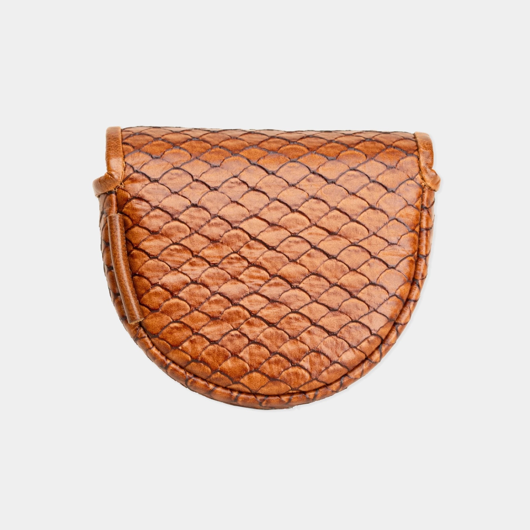 A small brown leather OZ1 putter cover with a distinctive scale-textured pattern, shown against a plain light gray background.