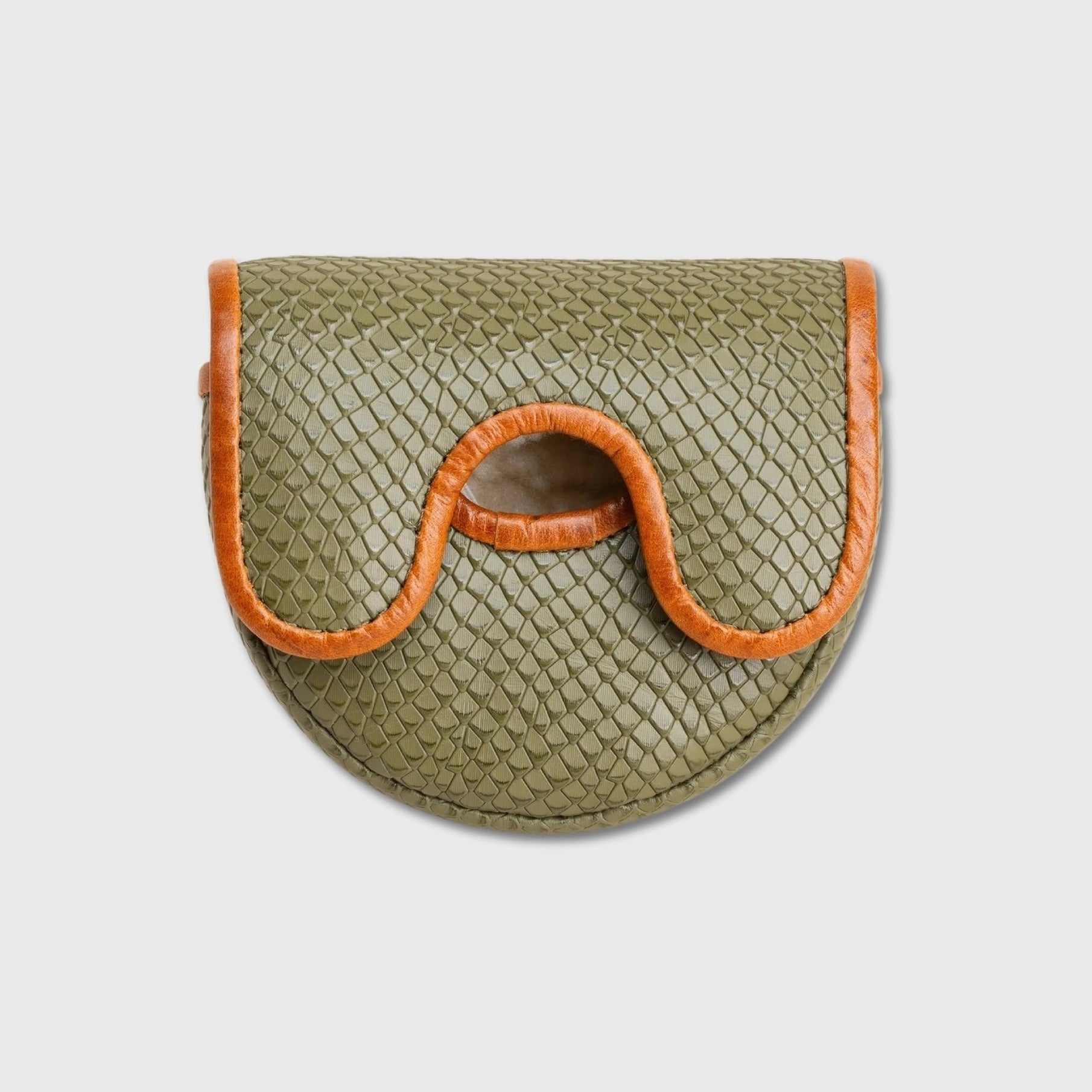 An olive green textured leather OZ1 putter cover with a scalloped flap and contrasting orange-brown leather trim, shown against a light gray background.