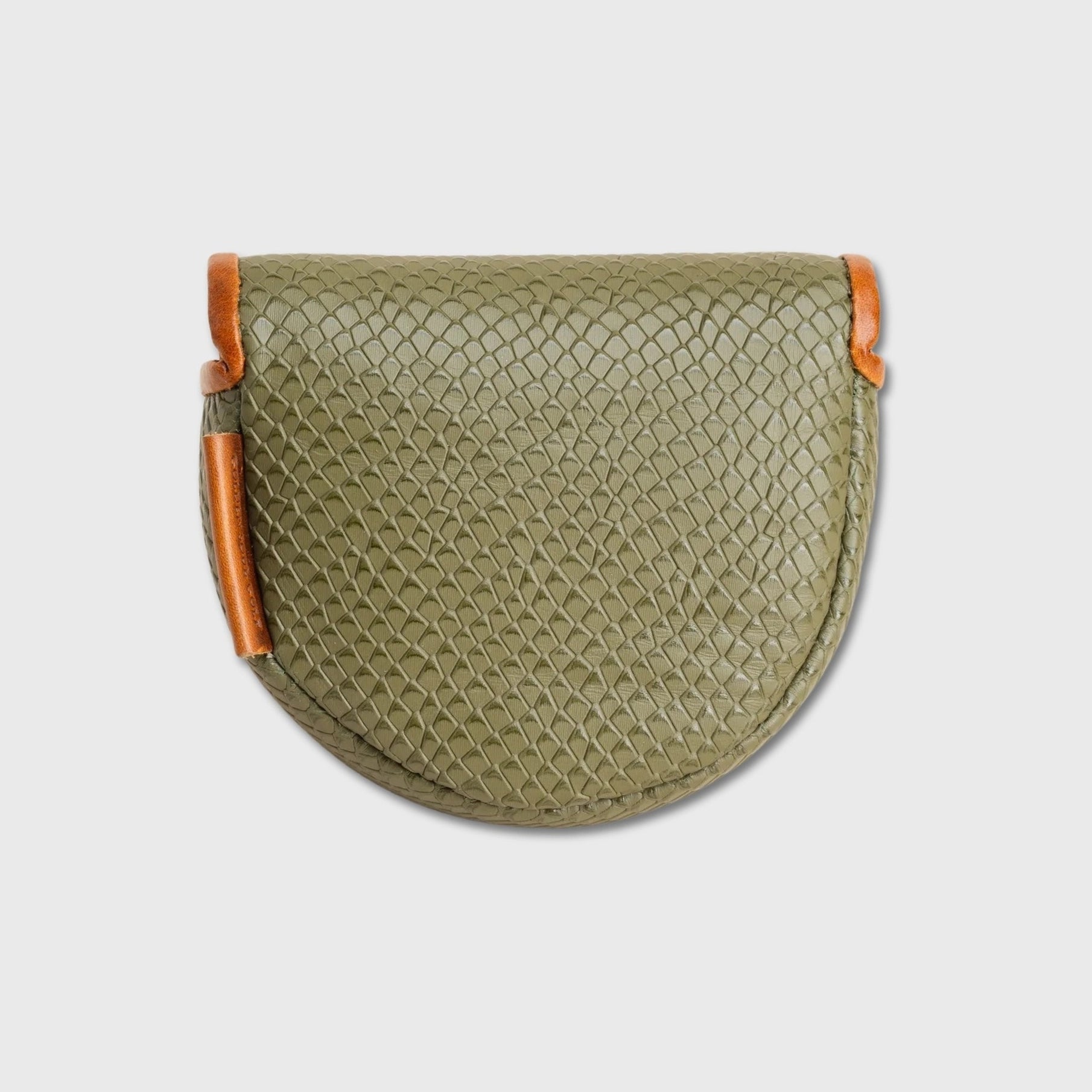 An olive green crocodile-embossed leather OZ1 putter cover with light brown leather accents on the sides, shown against a light gray background.