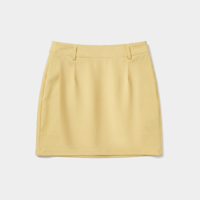 A light yellow pleated mini skirt with a structured waistband, shown flat against a light gray background.