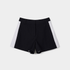 Black tailored shorts with contrasting white side panels, shown flat against a light gray background.