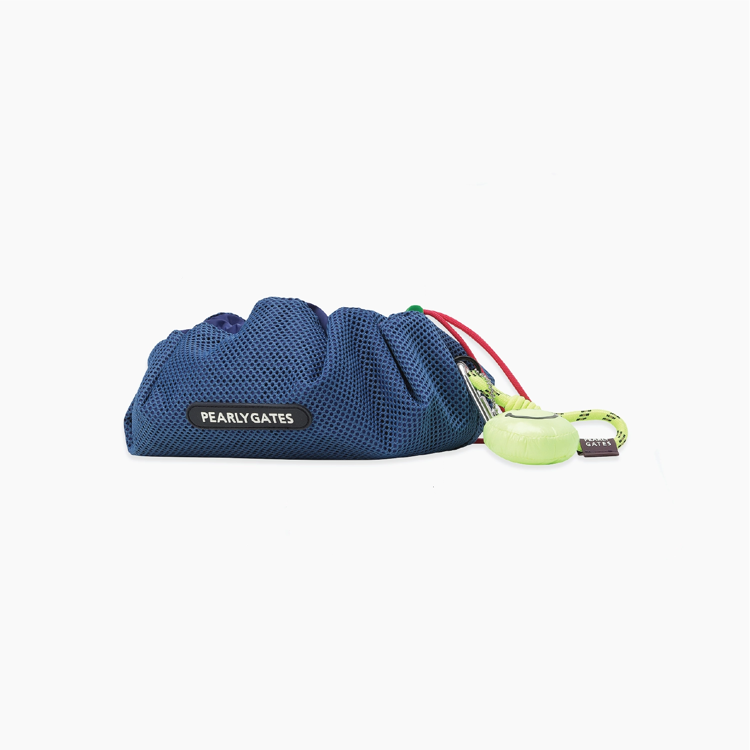 A navy blue mesh drawstring pouch with a black PEARLY GATES label, shown with a red drawstring and a lime green carabiner on a light gray background.