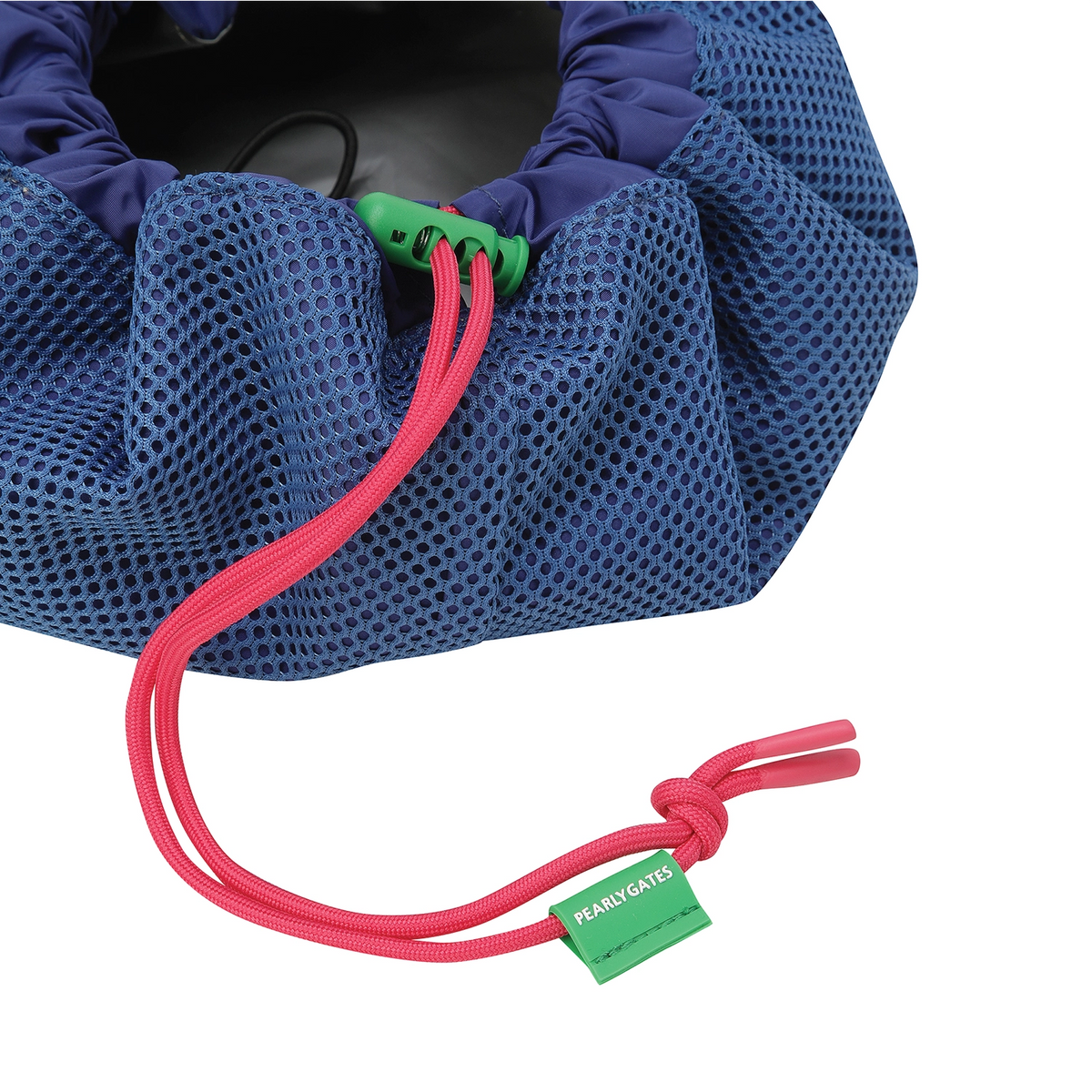 A blue mesh drawstring bag with a bright pink cord and a green plastic toggle and brand tag reading PEARLYGATES.