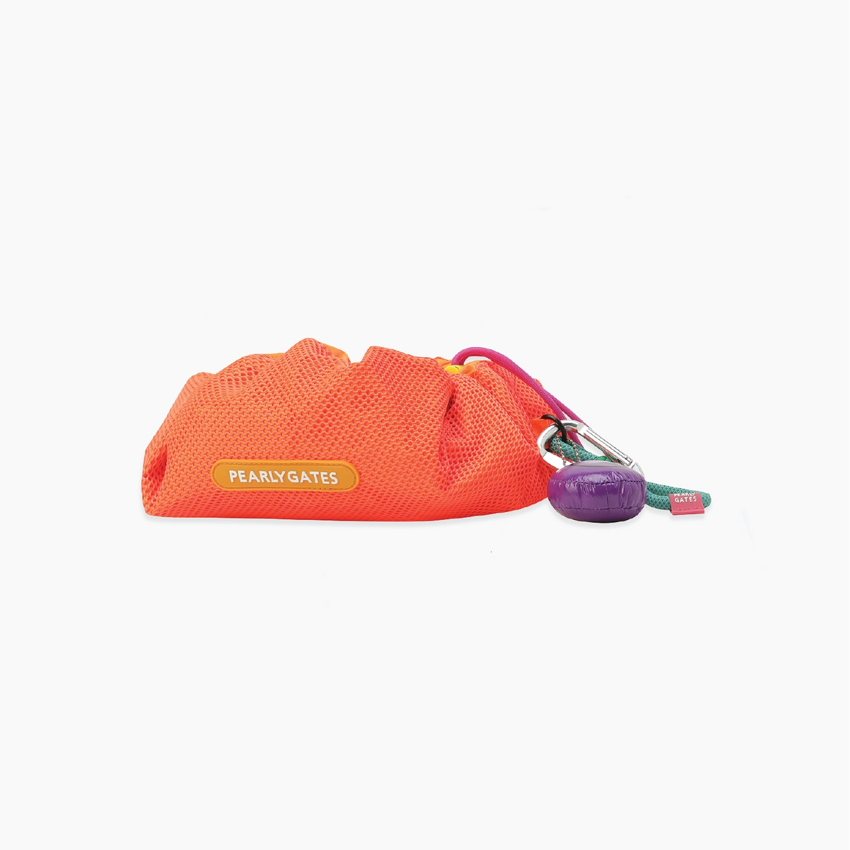 An orange mesh drawstring pouch with a yellow PEARLY GATES label, attached to a pink carabiner and colorful lanyard, on a clean white background.