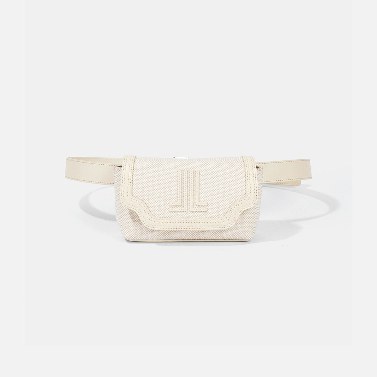 An off-white textured leather belt bag with a matching adjustable strap, featuring an embossed 'JL' logo on the front flap, set against a light gray background.
