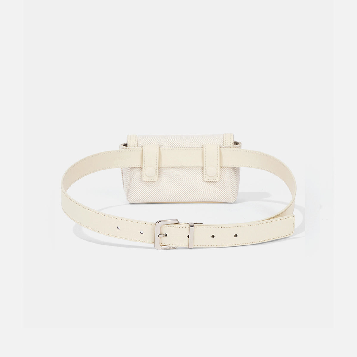 A cream-colored textured leather belt bag with a matching adjustable belt and silver-tone buckle, displayed on a light gray background.