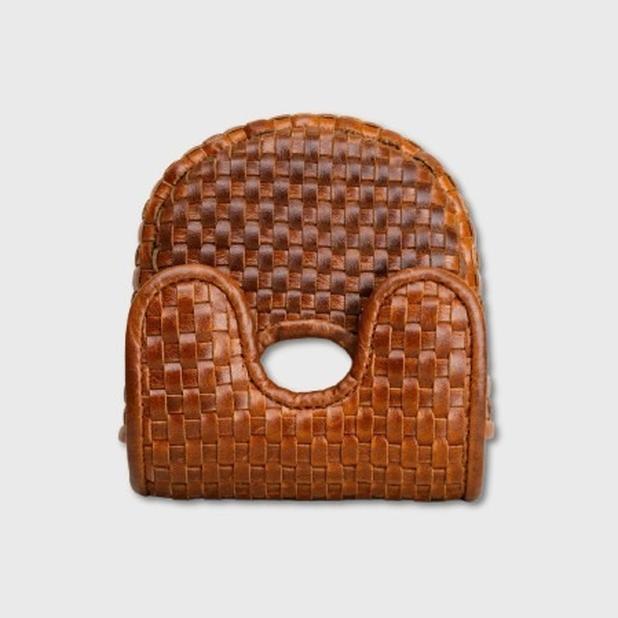 A brown woven leather DF3 Putter Cover, shown against a light gray background.