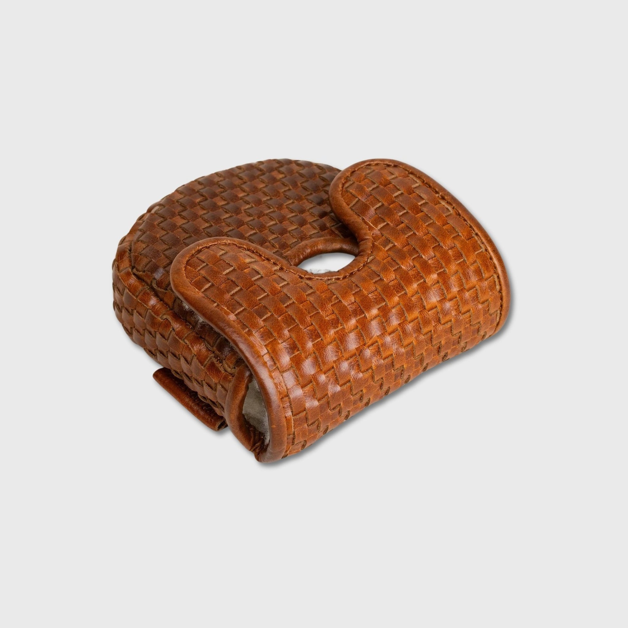 A brown woven leather DF3 Putter Cover, shown on a light gray background.