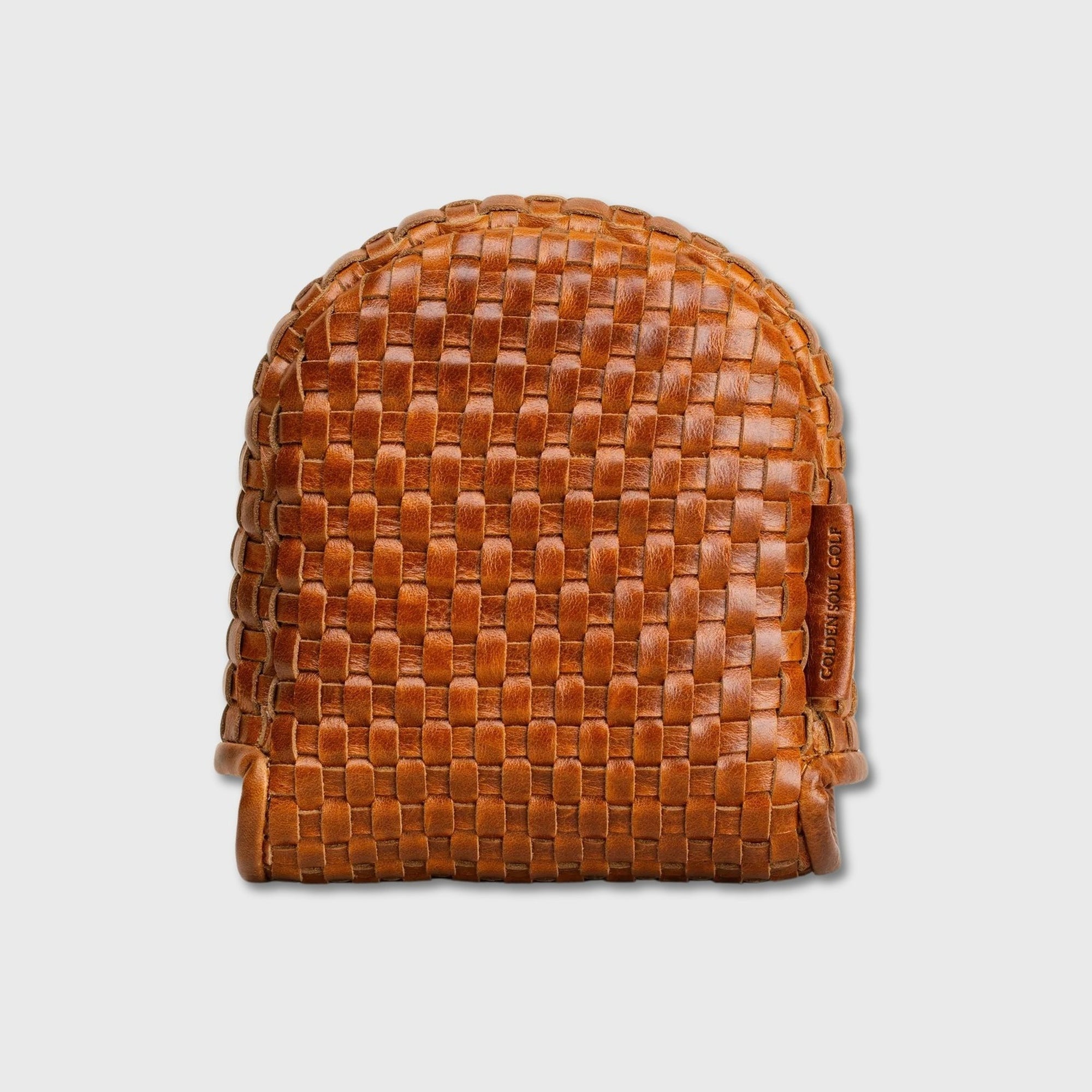 A small woven leather DF3 Putter Cover in a warm tan-brown color, shown from the back against a light gray background.
