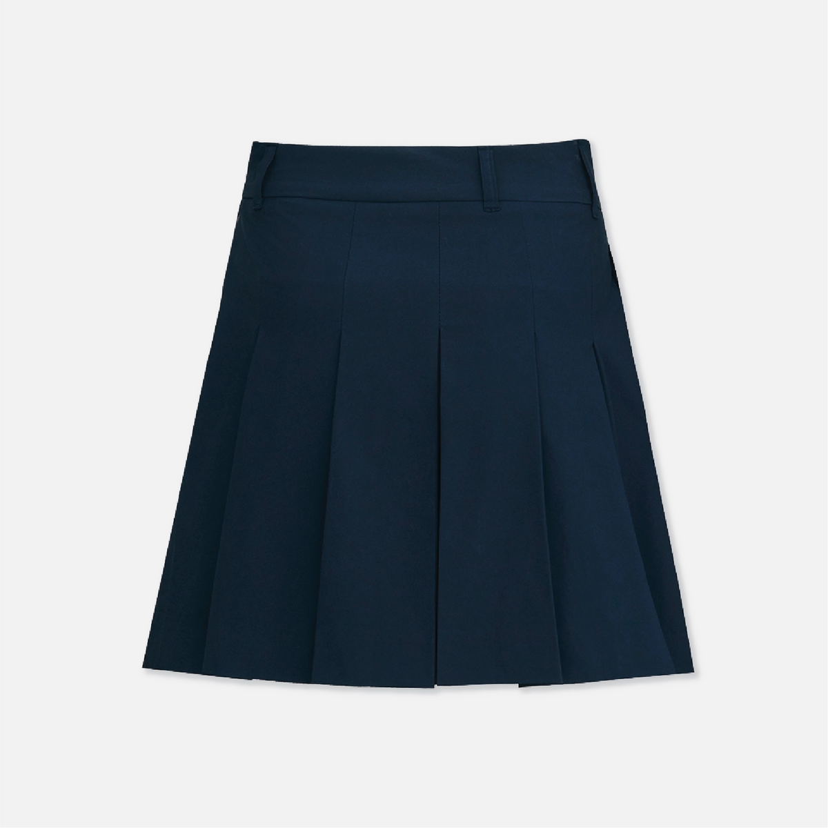 A dark navy blue pleated skirt with a structured waistband, shown flat against a light gray background.
