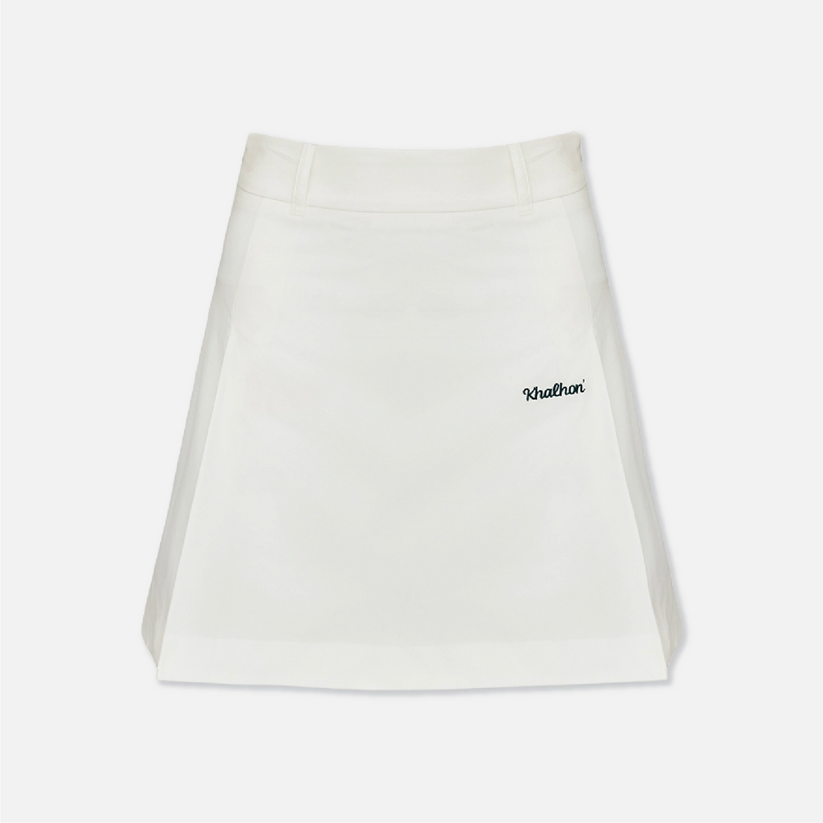An off-white A-line skirt with a small black embroidered script logo on the left hip, displayed flat against a light gray background.
