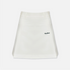 An off-white A-line skirt with a small black embroidered script logo on the left hip, displayed flat against a light gray background.