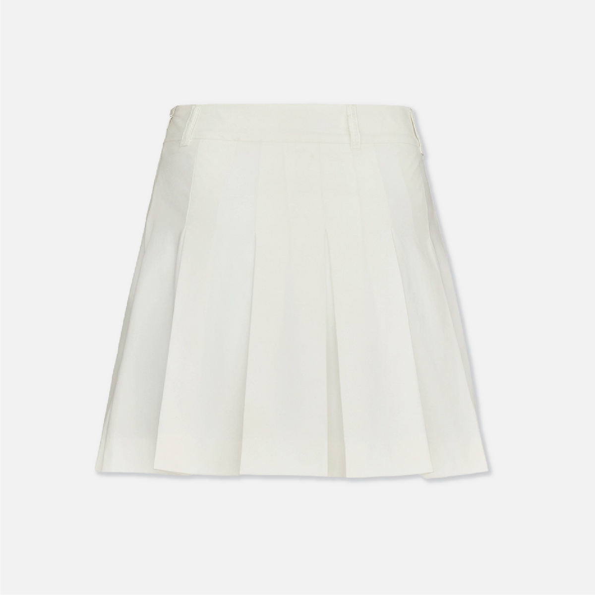 An off-white pleated mini skirt with a structured waistband, shown flat against a light gray background.