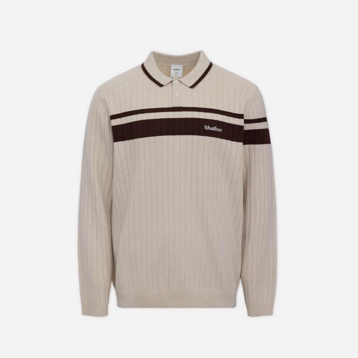 A ribbed knit polo sweater in beige with dark brown horizontal chest stripes and a dark brown collar, featuring a small white embroidered 'Weather' logo on the left chest, shown against a light gray background.