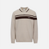 A ribbed knit polo sweater in beige with dark brown horizontal chest stripes and a dark brown collar, featuring a small white embroidered &