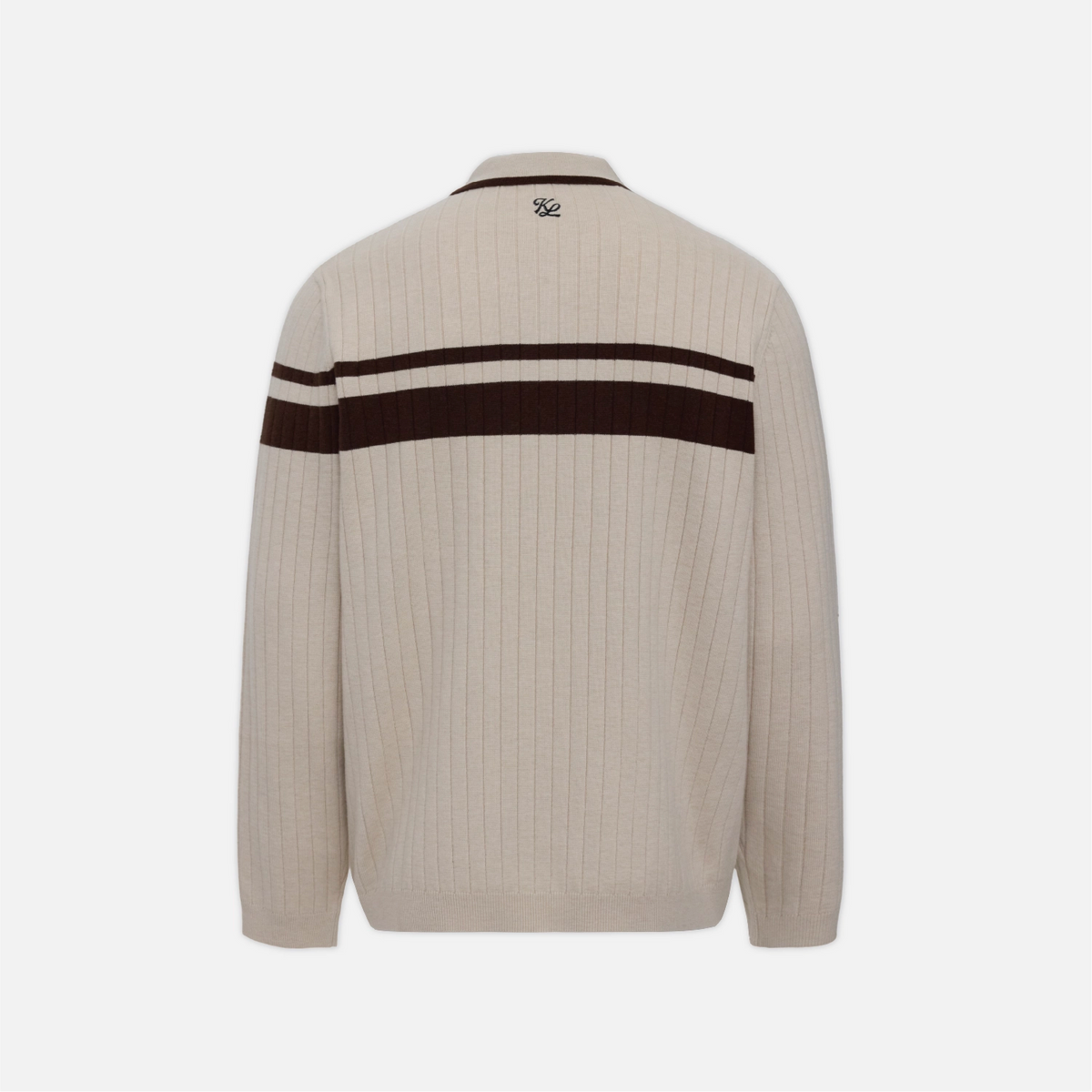 A beige ribbed knit sweater shown from the back, featuring two horizontal dark brown stripes across the upper back and sleeves, with a small black logo centered below the collar.