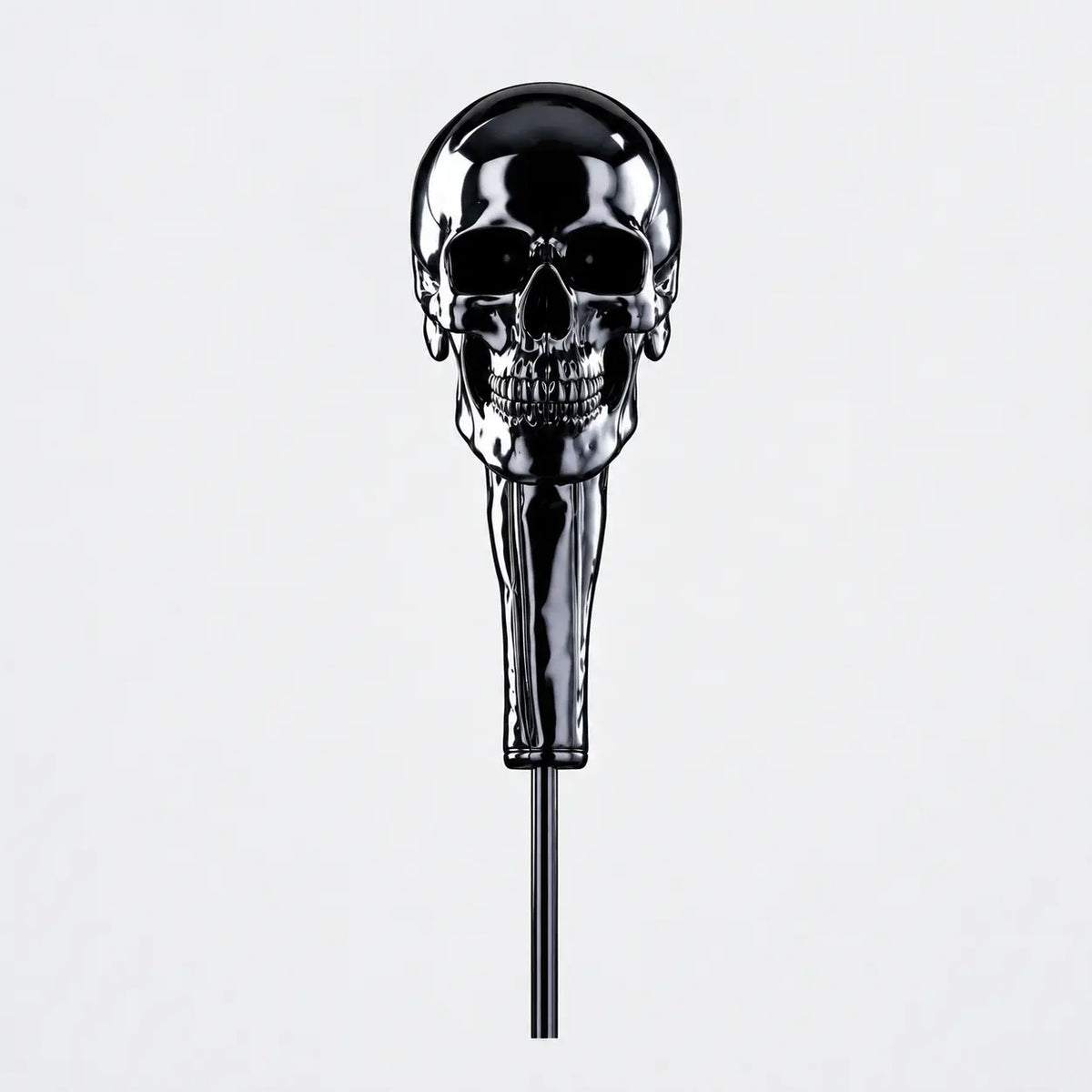 A glossy black metallic golf club headcover shaped like a human skull, mounted on a black shaft against a light gray background.