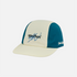 A 5-panel baseball cap with a cream-colored front panel and brim, teal blue side panels, and embroidered script logos on the front and side, shown on a light gray background.