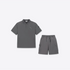 A two-piece gray clothing set consisting of a short-sleeve polo shirt with a small chest logo and matching cargo shorts with a drawstring waist, displayed on a clean white background.