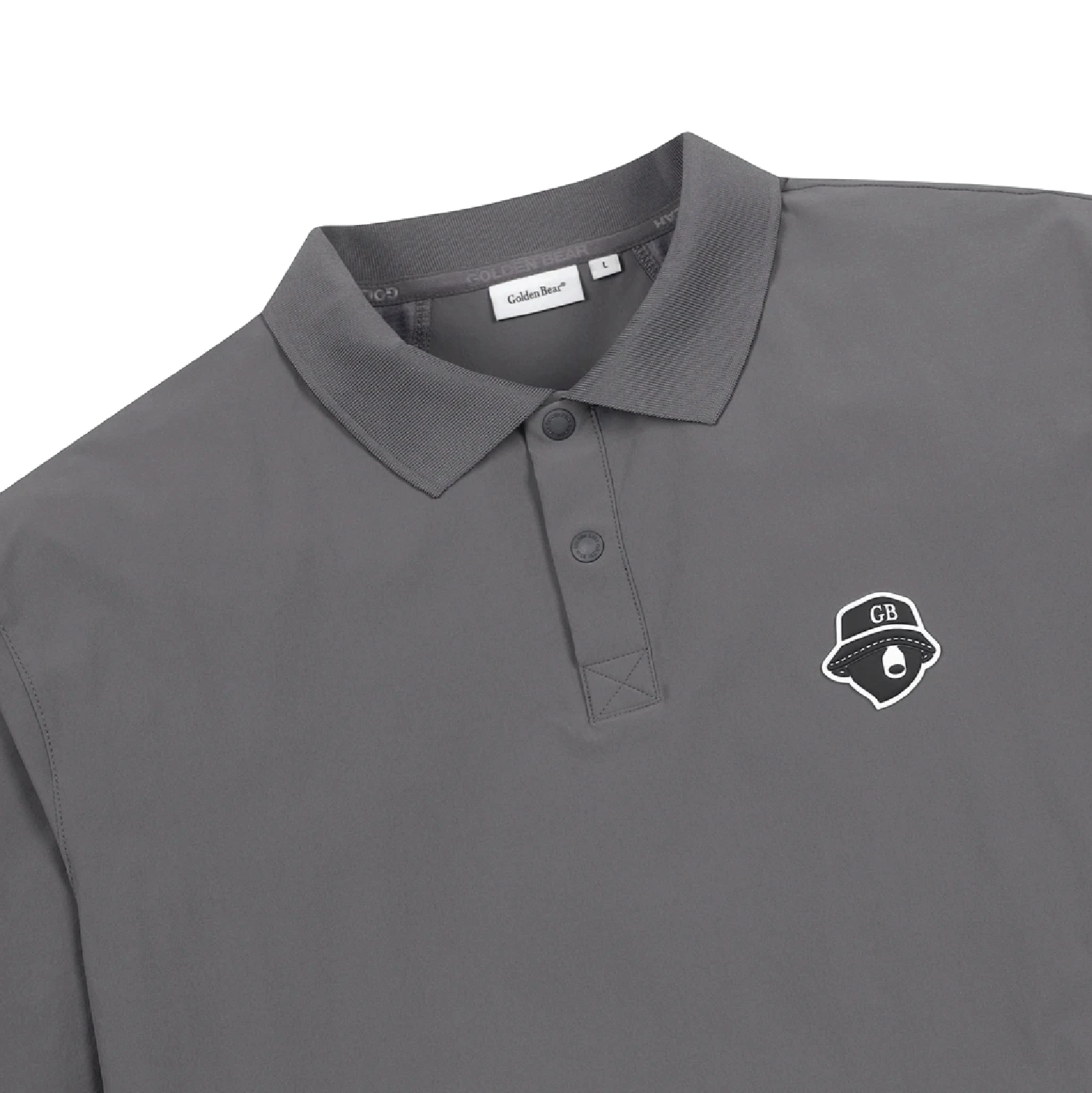 A close-up of a dark gray polo shirt featuring a white embroidered chest logo on the left side, set against a plain white background.