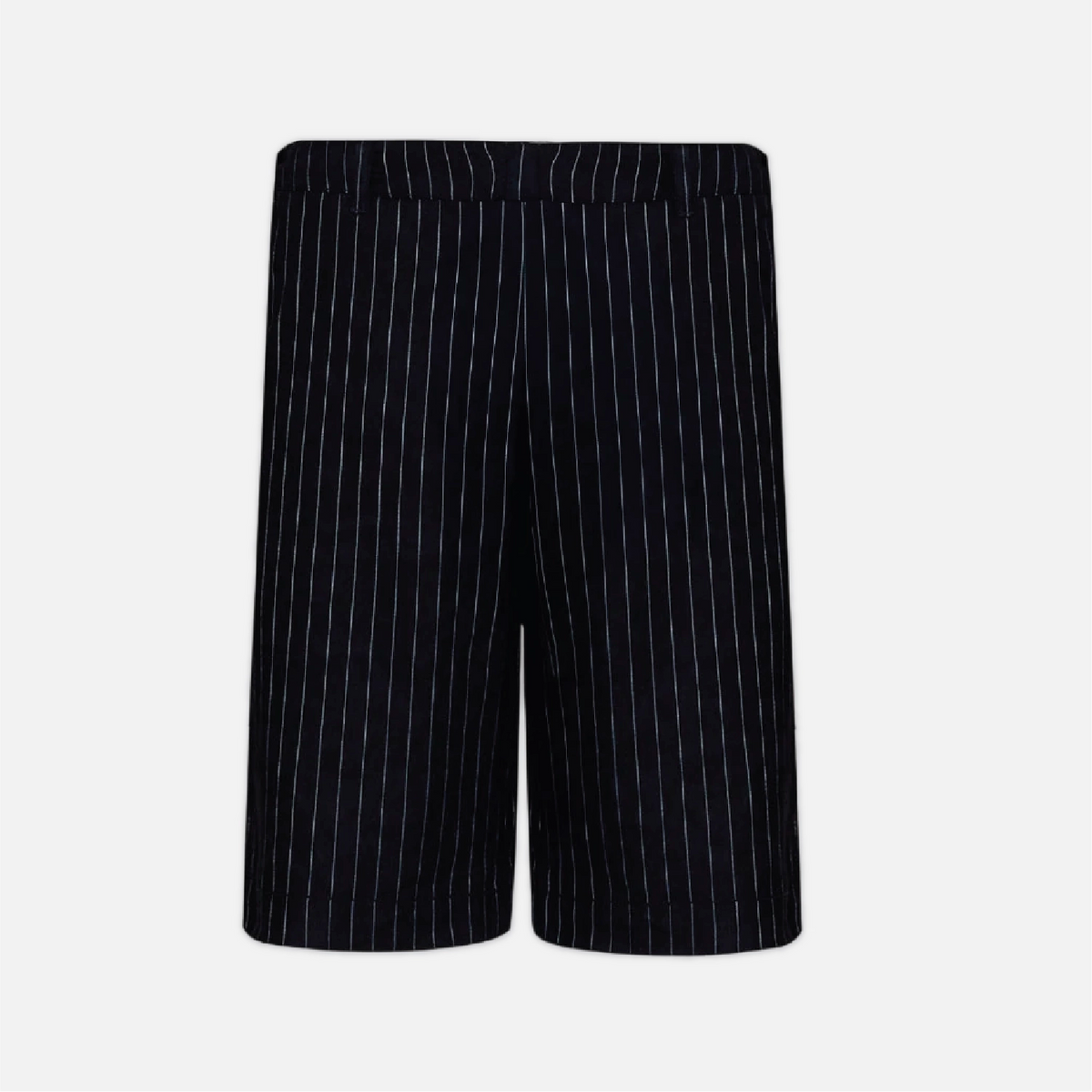 A pair of dark navy blue shorts with thin white vertical pinstripes, shown flat against a light gray background.