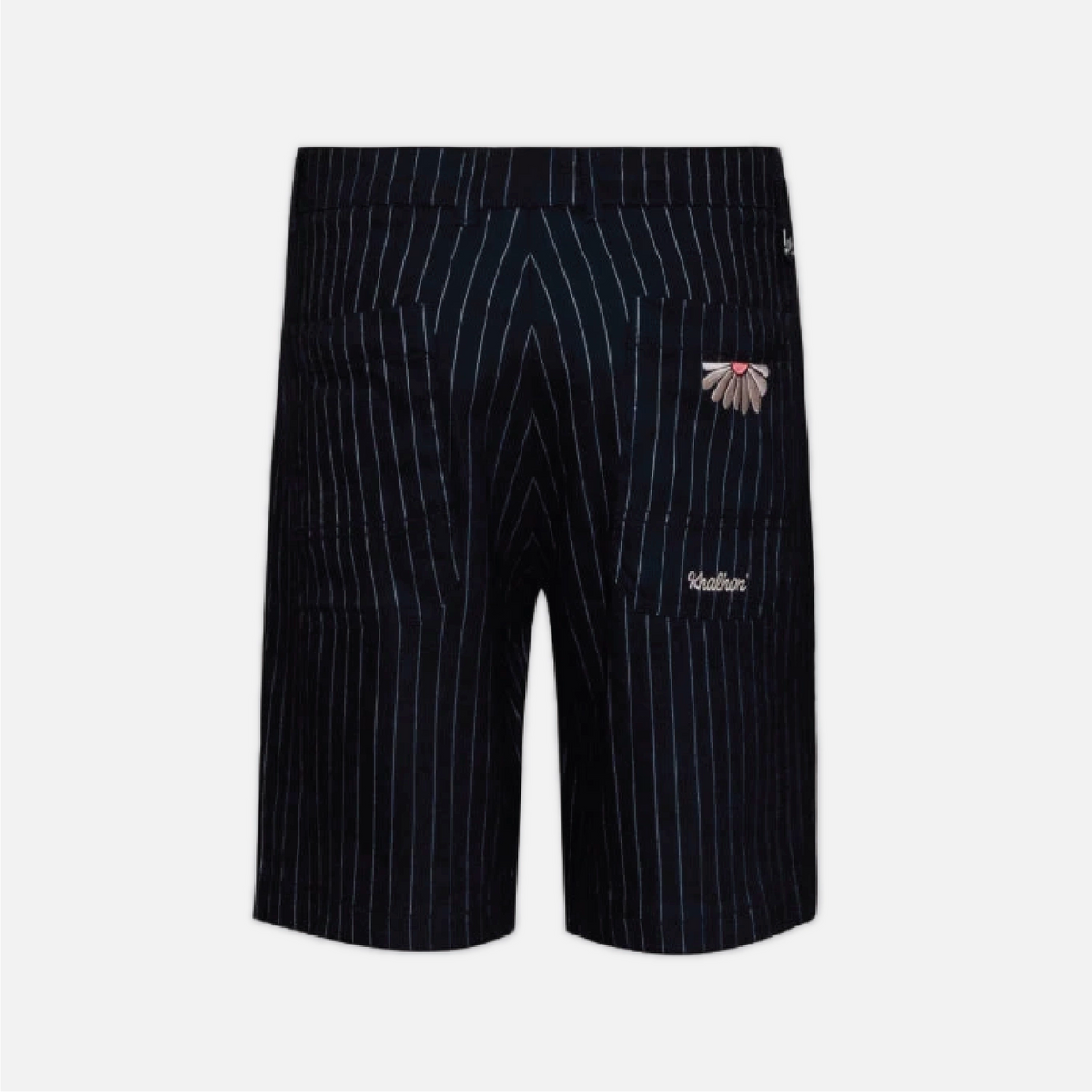 A pair of dark navy blue pinstriped shorts with a small embroidered logo on the left pocket, displayed against a light gray background.