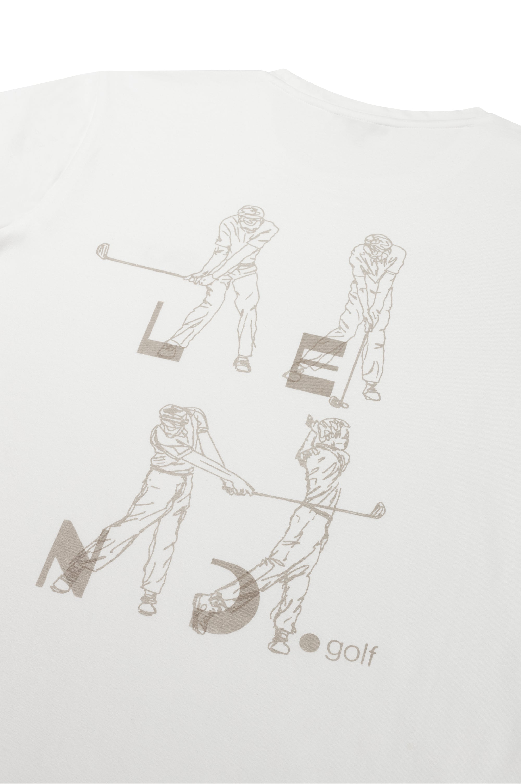 White unisex T-shirt by Lend Golf featuring a clean front and a back graphic with golf swing illustrations forming the brand name in a modern, sporty style.