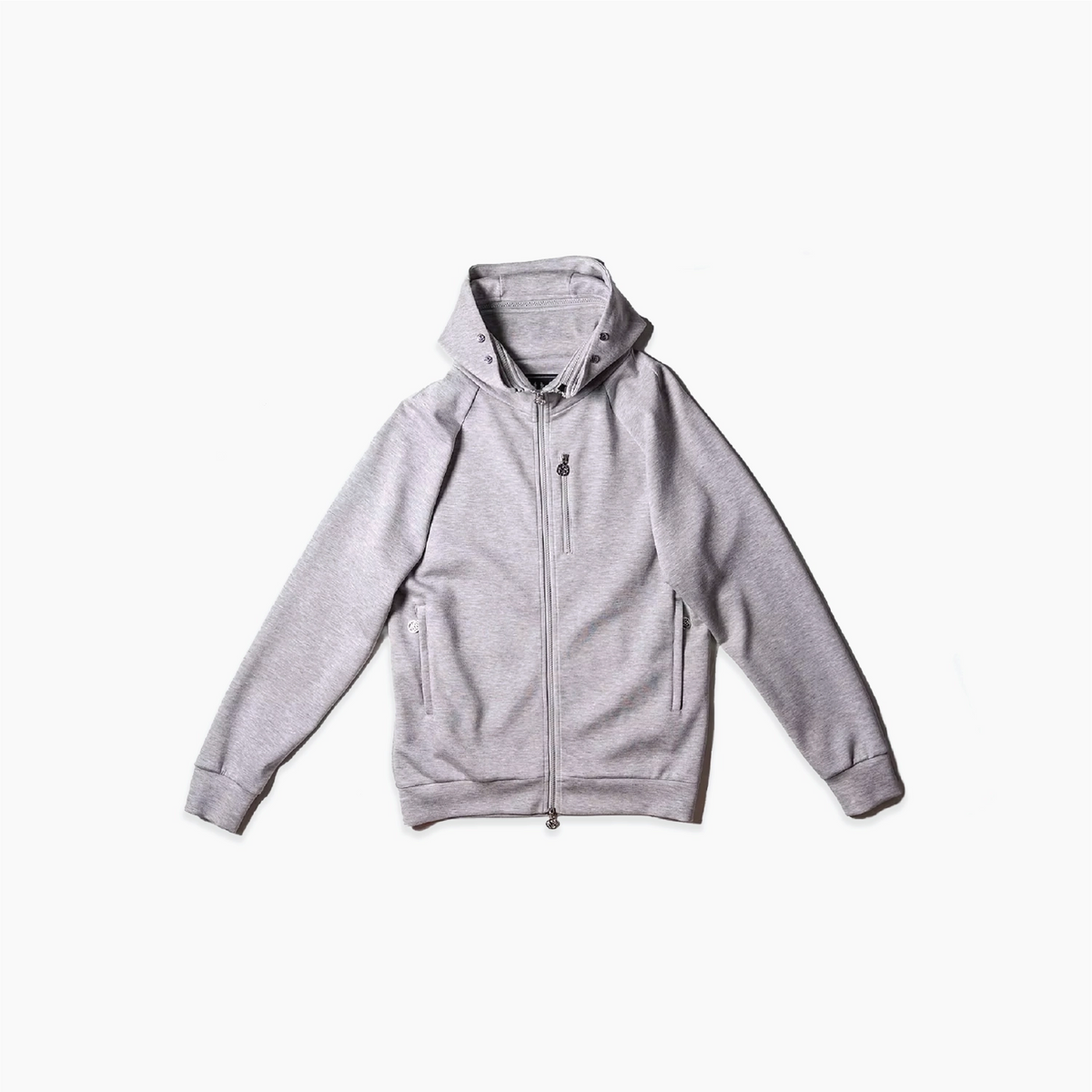 A light gray heather zip-up hoodie with a drawstring hood, shown flat against a plain white background.