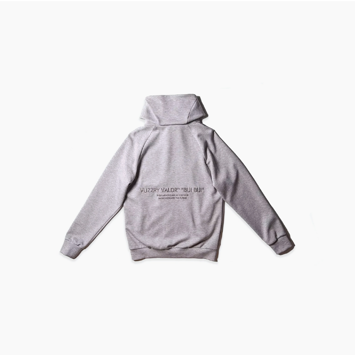 A light gray heather pullover hoodie shown from the back, featuring a small dark graphic print on the center back, laid flat against a clean white background.