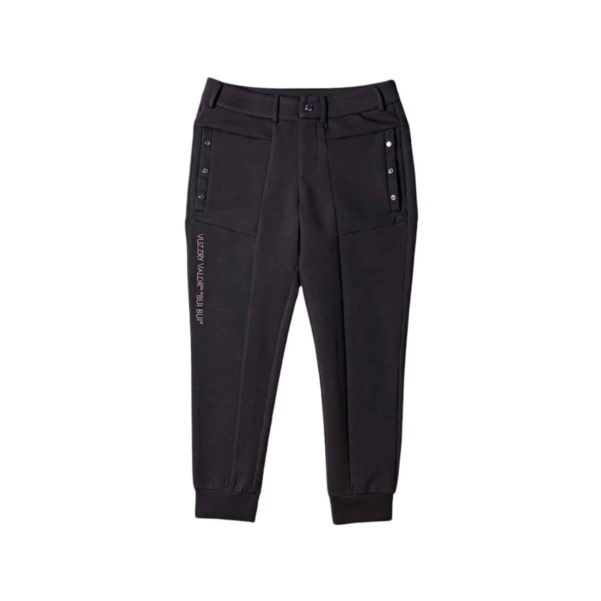 Black high-waisted cropped pants featuring side button details, vertical zip pockets, and 'VUZZRY VALDR' text printed on the left leg, shown against a plain white background.