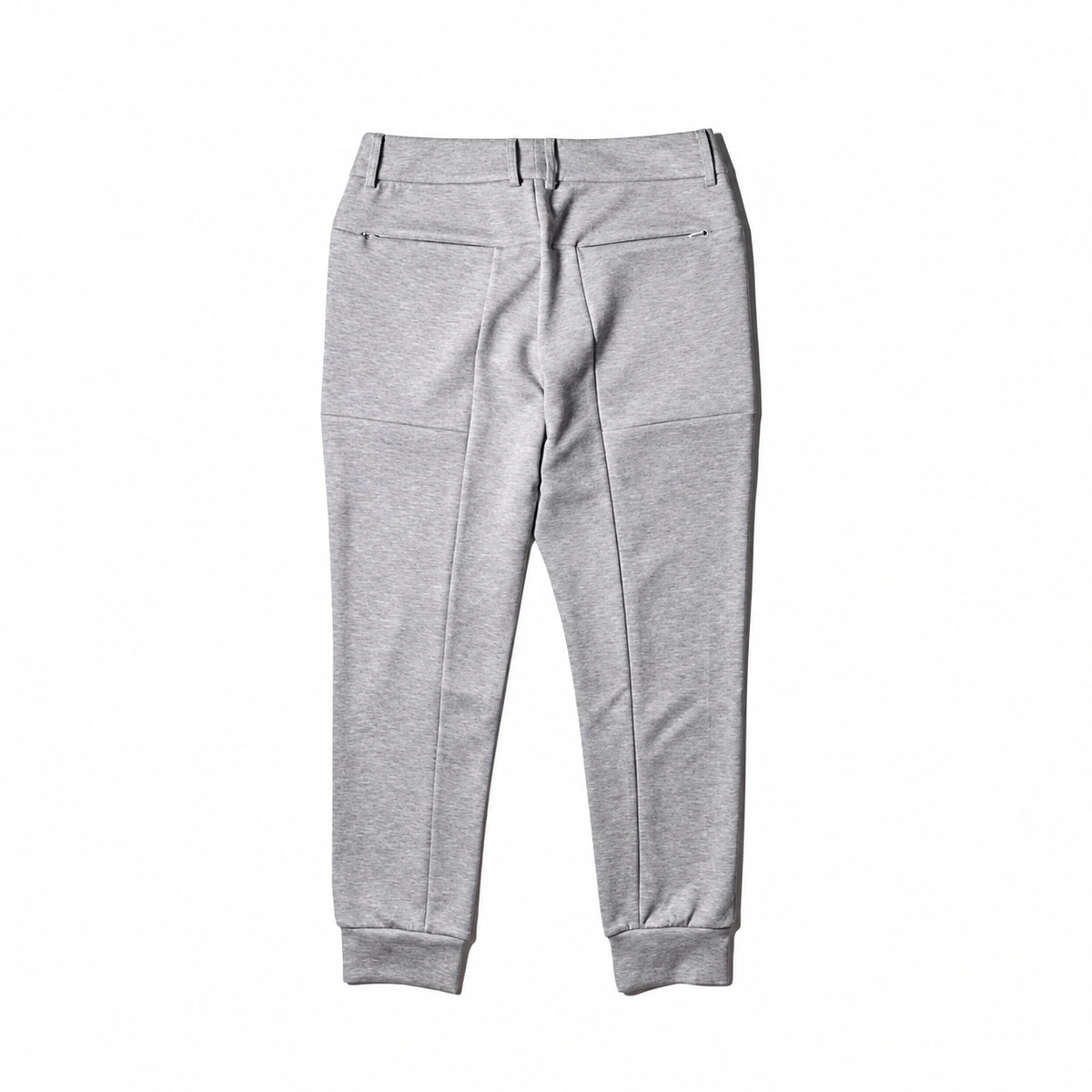 Light gray heather jogger pants shown from the back, featuring a relaxed straight-leg fit, side pockets, and ribbed ankle cuffs, photographed on a solid white background.