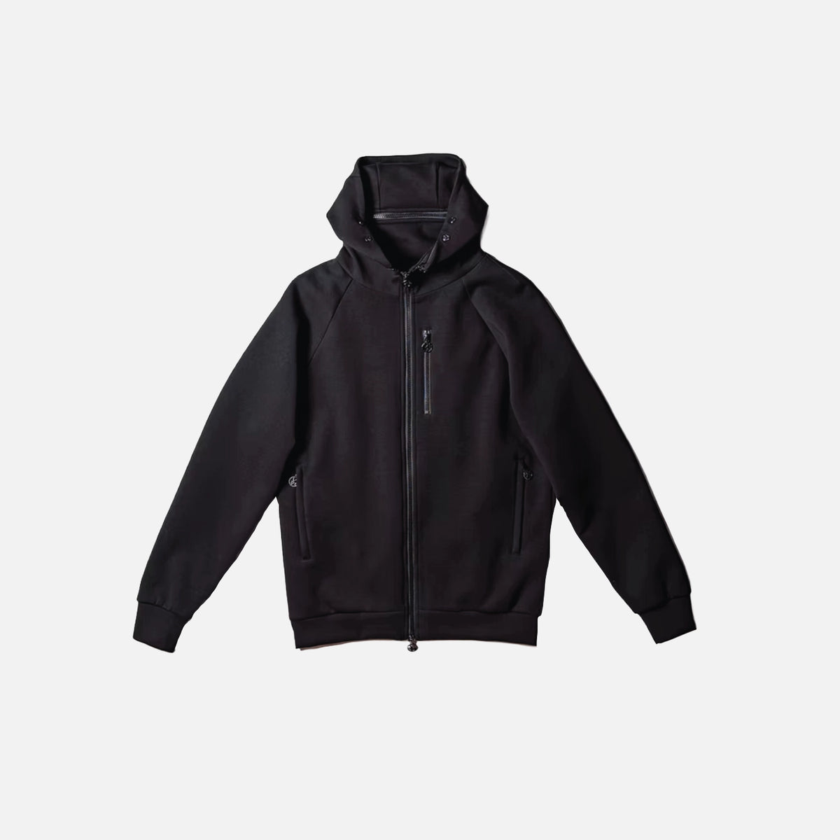 A black zip-up hoodie jacket with a full front zipper, zippered chest pocket, and zippered side pockets, displayed on a light gray background.
