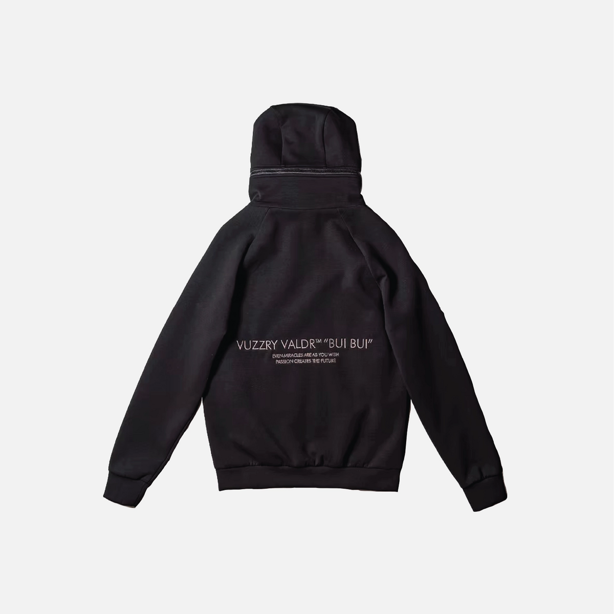A black pullover hoodie shown from the back, featuring white printed text on the center back that reads 'VUZZRY VALDR "BUI BUI"' with smaller text below, set against a light gray background.