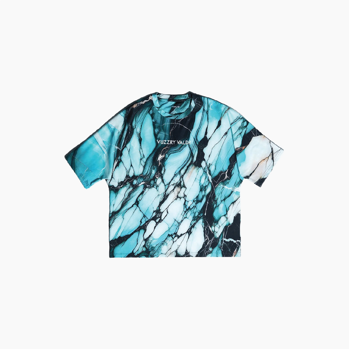 A short-sleeve crewneck t-shirt featuring a vibrant turquoise, teal, and black marble pattern with a small white 'VUZZRY VALDR' logo printed on the chest, displayed flat against a light gray background.