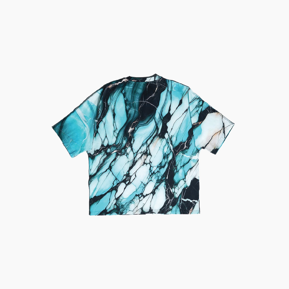 A short-sleeve crop top featuring an all-over abstract marble print in shades of turquoise, teal, black, and white, displayed flat against a solid white background.