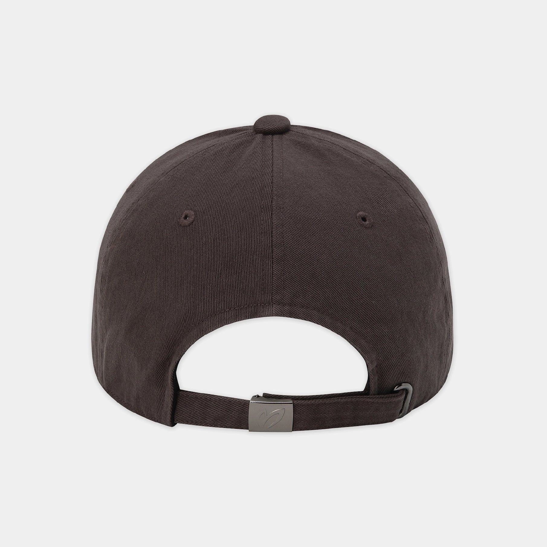Rear view of a dark brown structured baseball cap with an adjustable strap and a small metallic logo plaque on the buckle, shown against a light gray background.